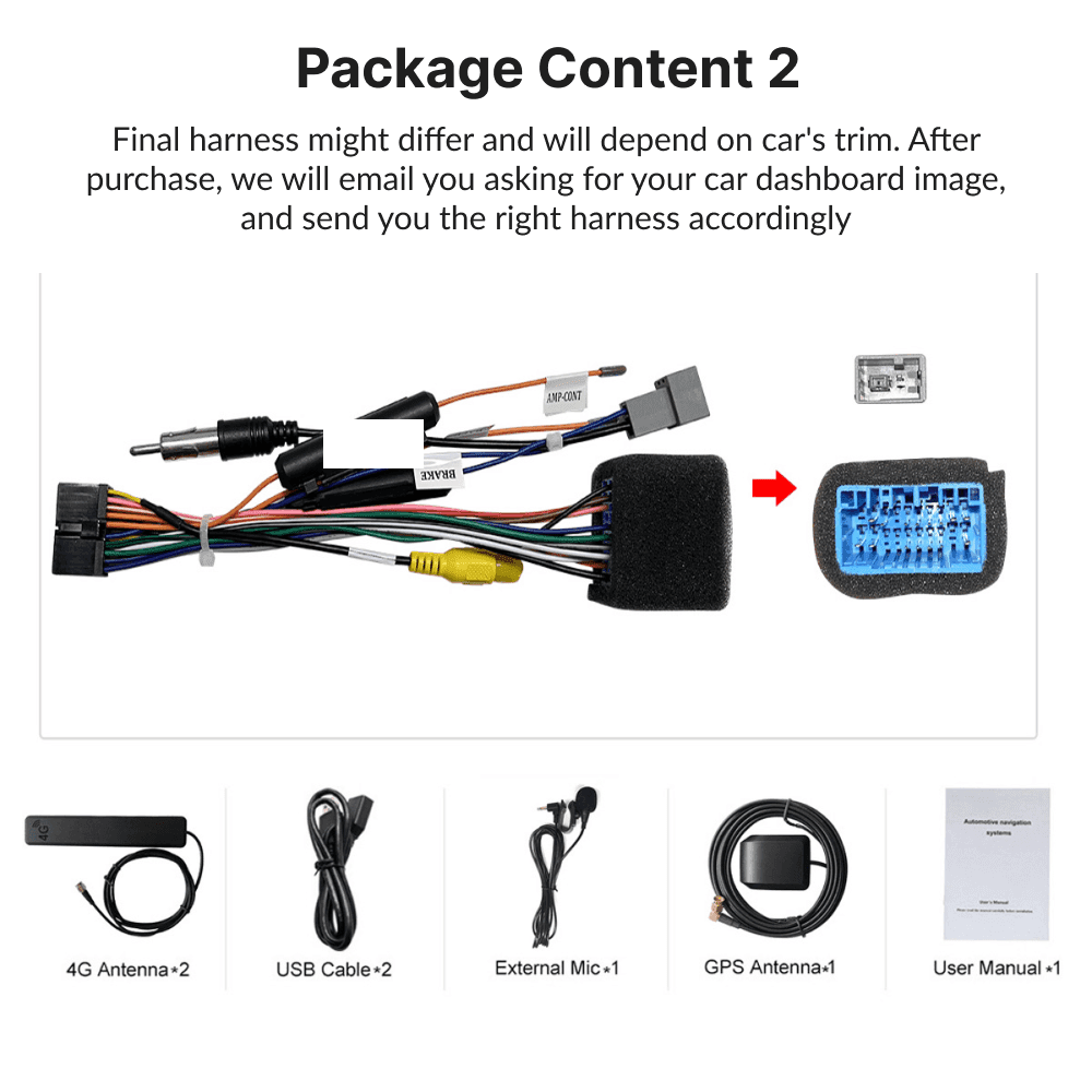 Package contents for Suzuki Swift 2004-2010 10.1” Android Auto Head Unit including harness, antennas, cables, mic, and user manual.