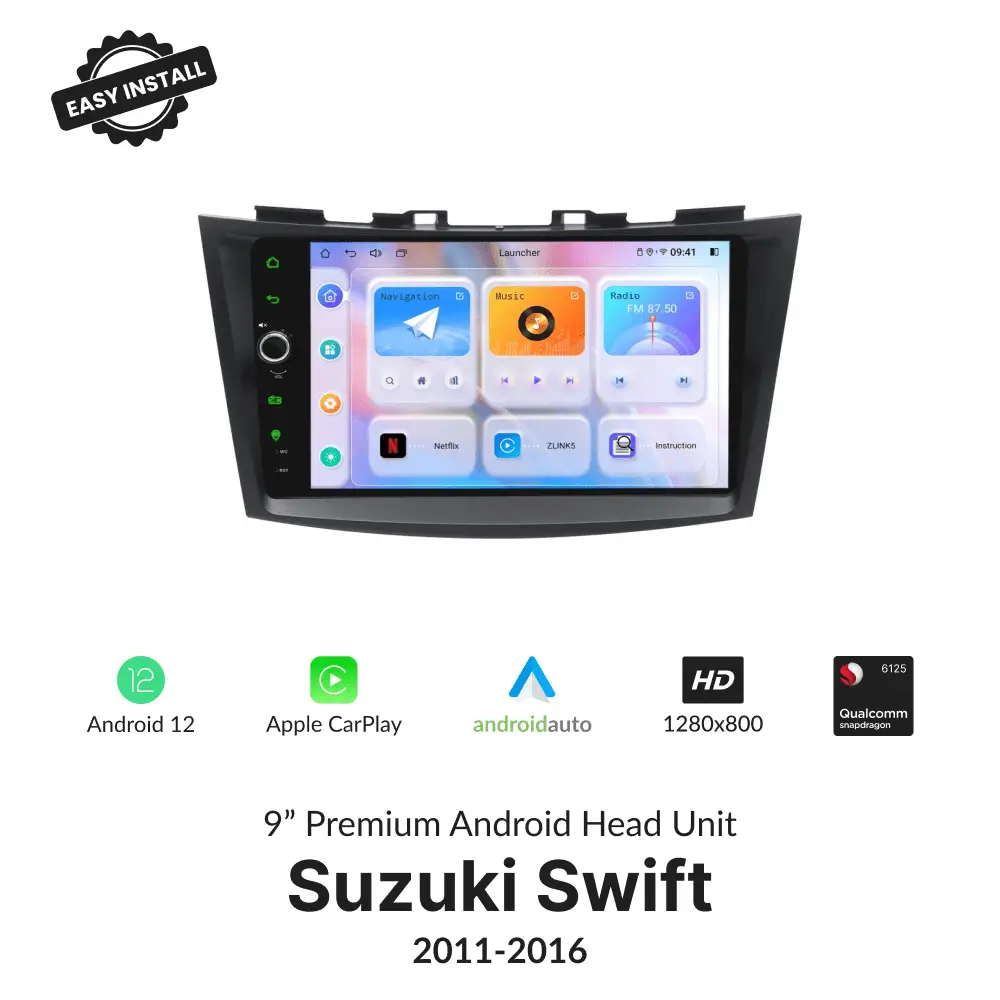 Suzuki Swift 2011-2016 9” Wireless CarPlay Android Head Unit with HD display, Android 12, and Qualcomm processor for seamless in-car entertainment.