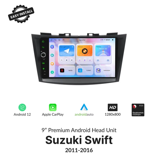 Suzuki Swift 2011-2016 9” Wireless CarPlay Android Head Unit with HD display, Android 12, and Qualcomm processor for seamless in-car entertainment.
