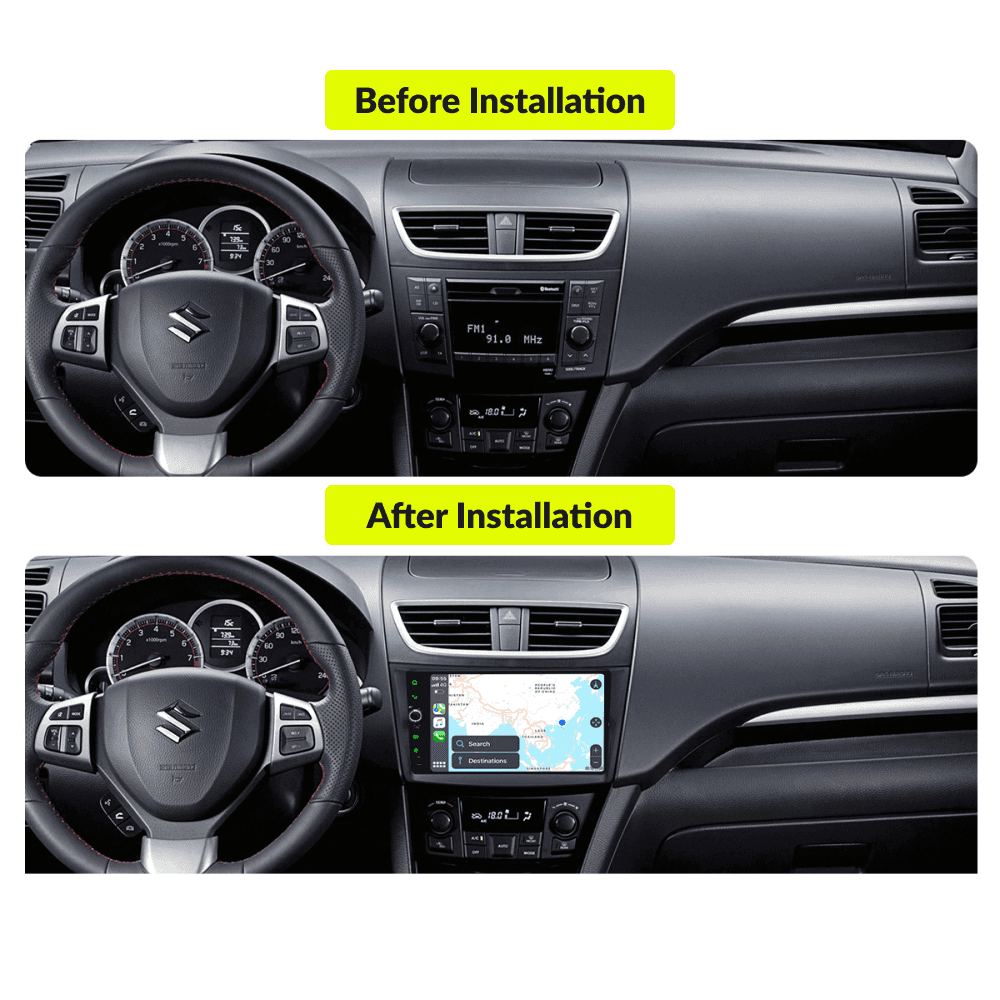 Before and after installation comparison of Suzuki Swift 2011-2016 dashboard with 9” Wireless CarPlay Android Head Unit upgrade for modern infotainment.