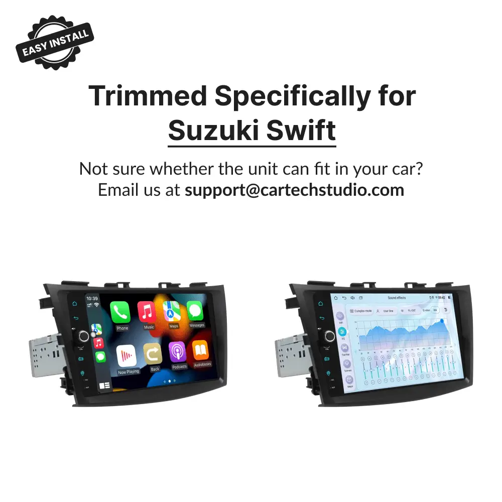 Custom-trimmed 9” Wireless CarPlay Android Head Unit for Suzuki Swift 2011-2016, designed for easy installation and perfect dashboard fit.