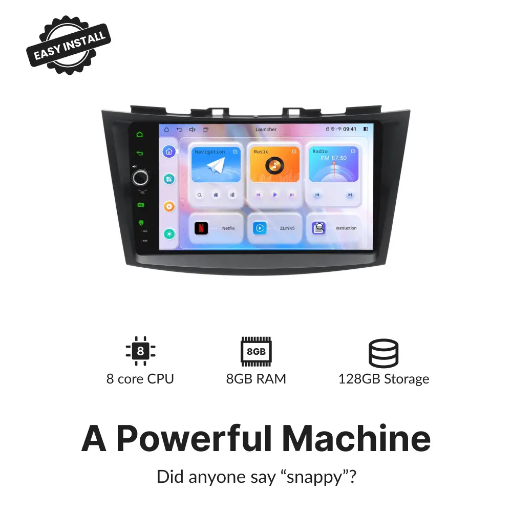 High-performance 9” Wireless CarPlay Android Head Unit for Suzuki Swift 2011-2016 with 8-core CPU, 8GB RAM, and 128GB storage for fast operation.