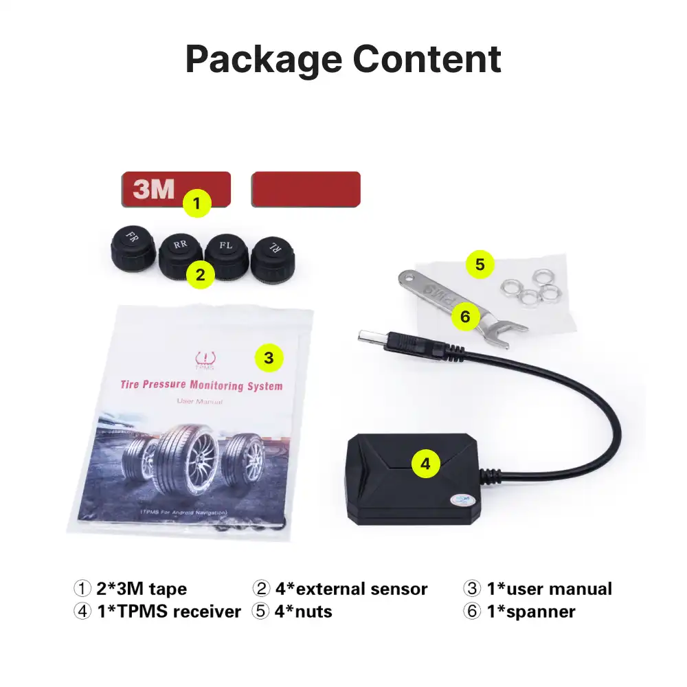 Complete TPMS package contents including USB receiver, four sensors, nuts, spanner, tape, and user manual for Android head units.