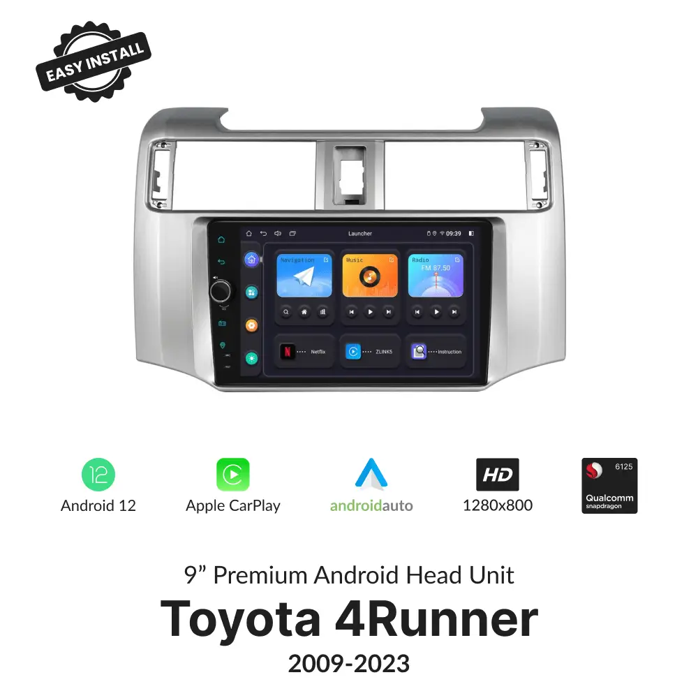 Toyota 4Runner 2009-2023 9-inch wireless CarPlay Android Auto head unit with HD display, Android 12, and Qualcomm processor.