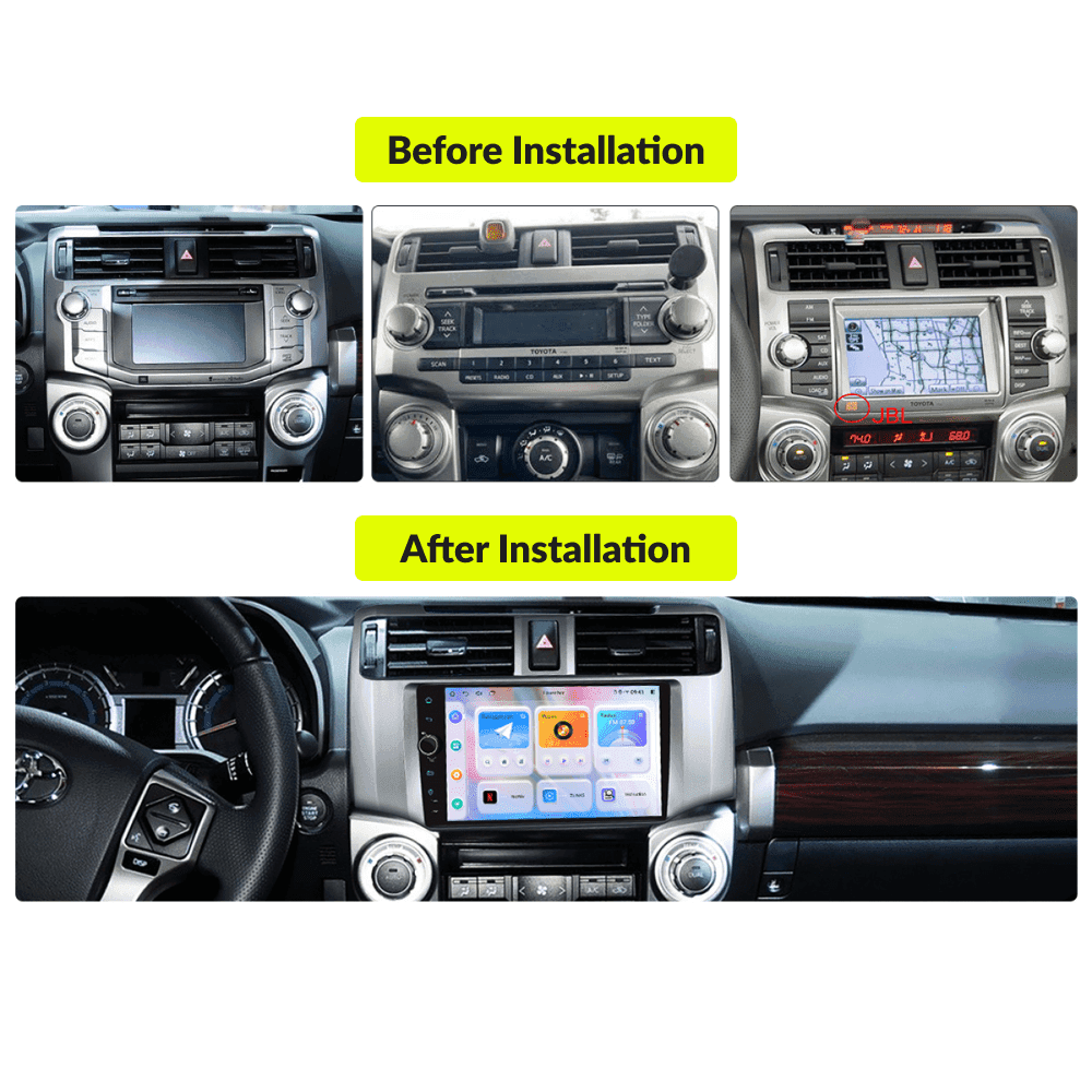 Before and after installation comparison of 9-inch Android Auto head unit in Toyota 4Runner 2009-2023 showing modern UI upgrade.