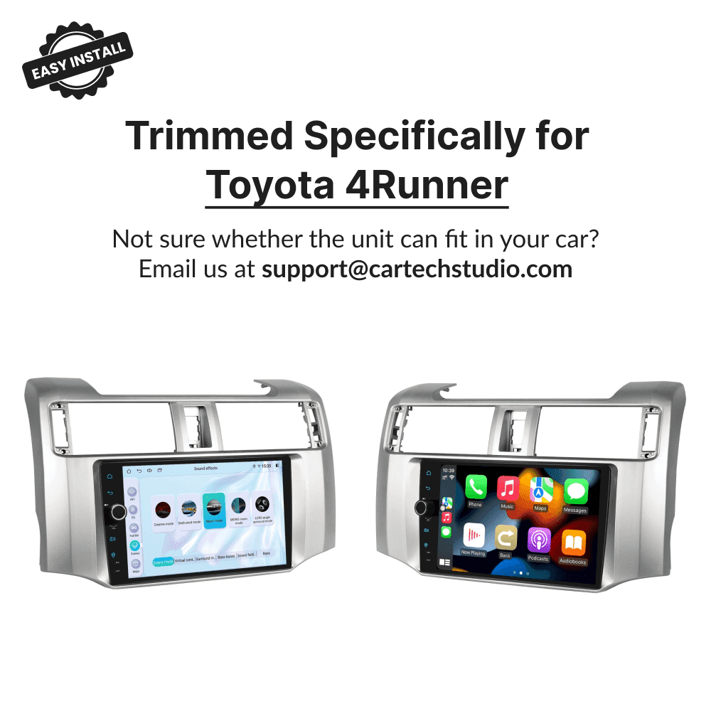 Custom-trimmed 9-inch Android head unit for Toyota 4Runner 2009-2023 with Apple CarPlay and Android Auto compatibility.