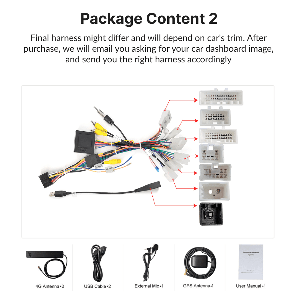 Complete wiring harness and accessories included with 9-inch Android Auto head unit for Toyota 4Runner 2009-2023 installation.
