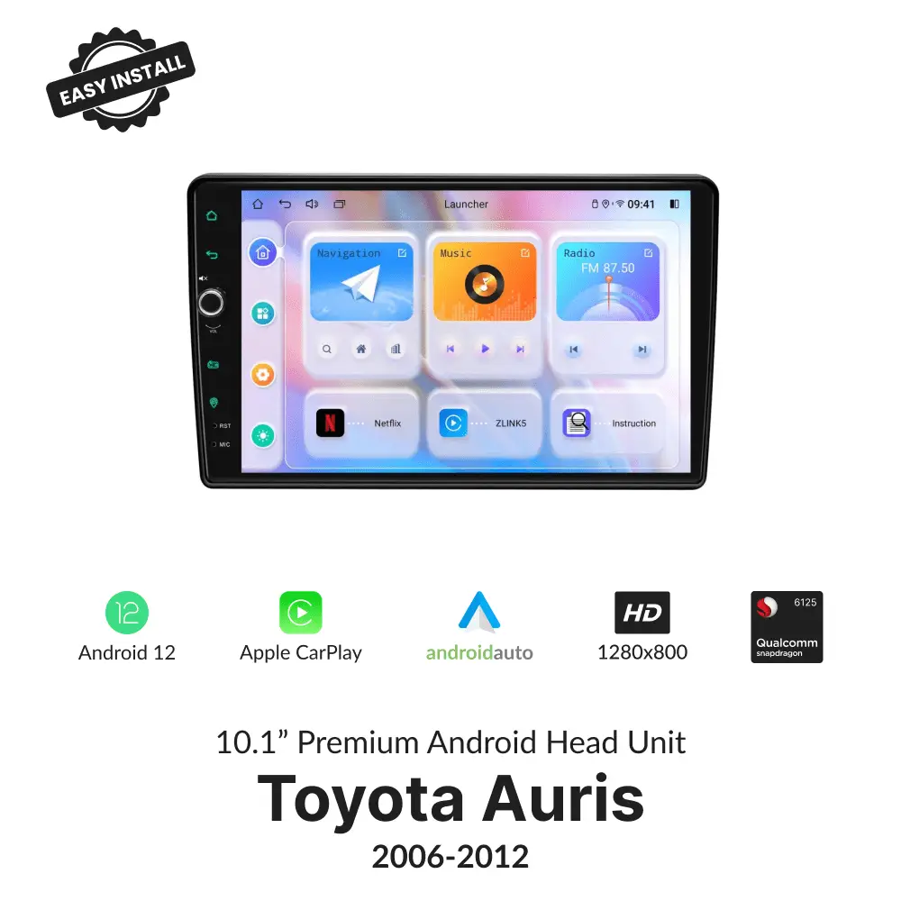 Toyota Auris 2006-2012 10.1" Wireless CarPlay Android Head Unit with Android 12, HD display, and Qualcomm processor for seamless in-car entertainment.