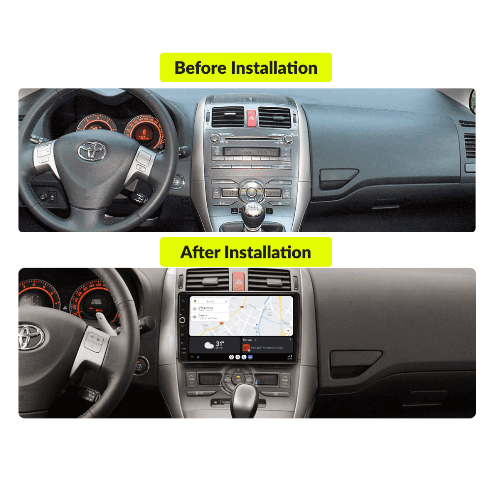 Before and after installation comparison of 10.1" Premium Android Head Unit in Toyota Auris 2006-2012, showing upgraded dashboard with navigation display.