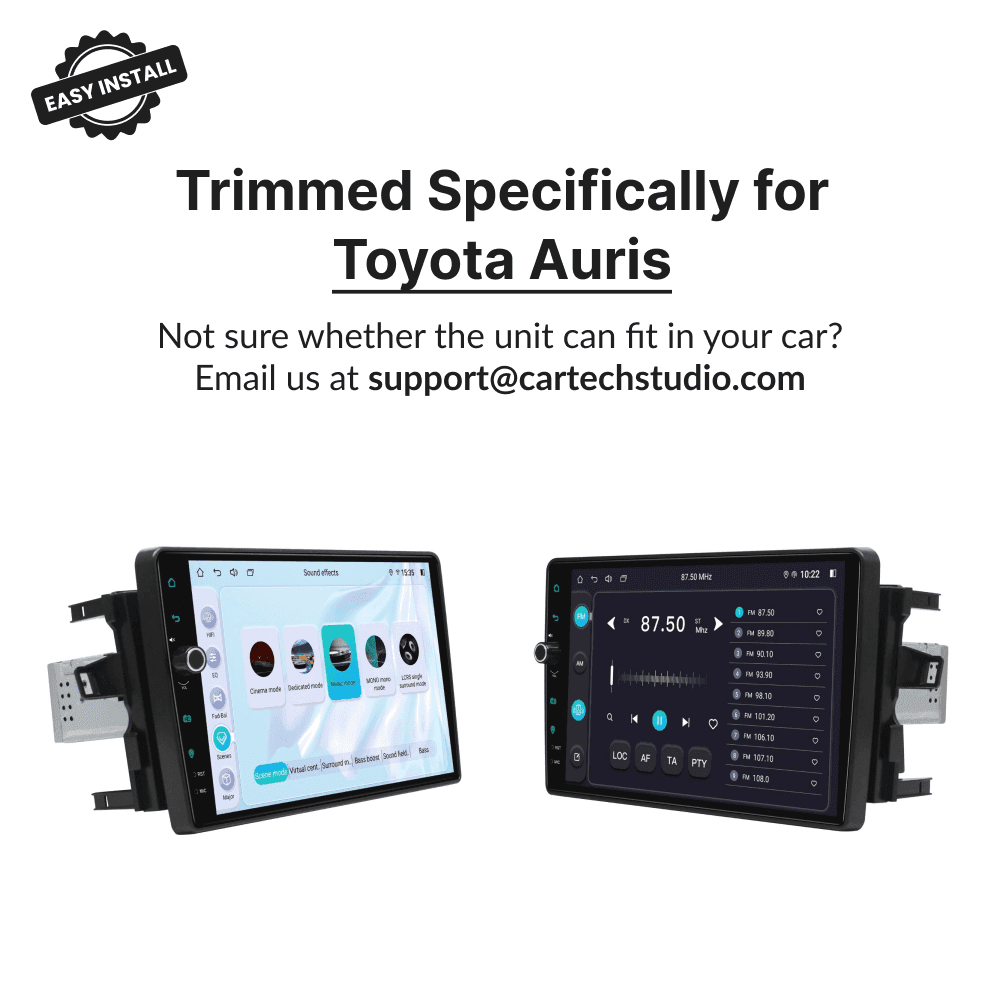 Side views of Toyota Auris 2006-2012 10.1" Android Head Unit, trimmed for perfect fit and easy installation in vehicle dashboard.