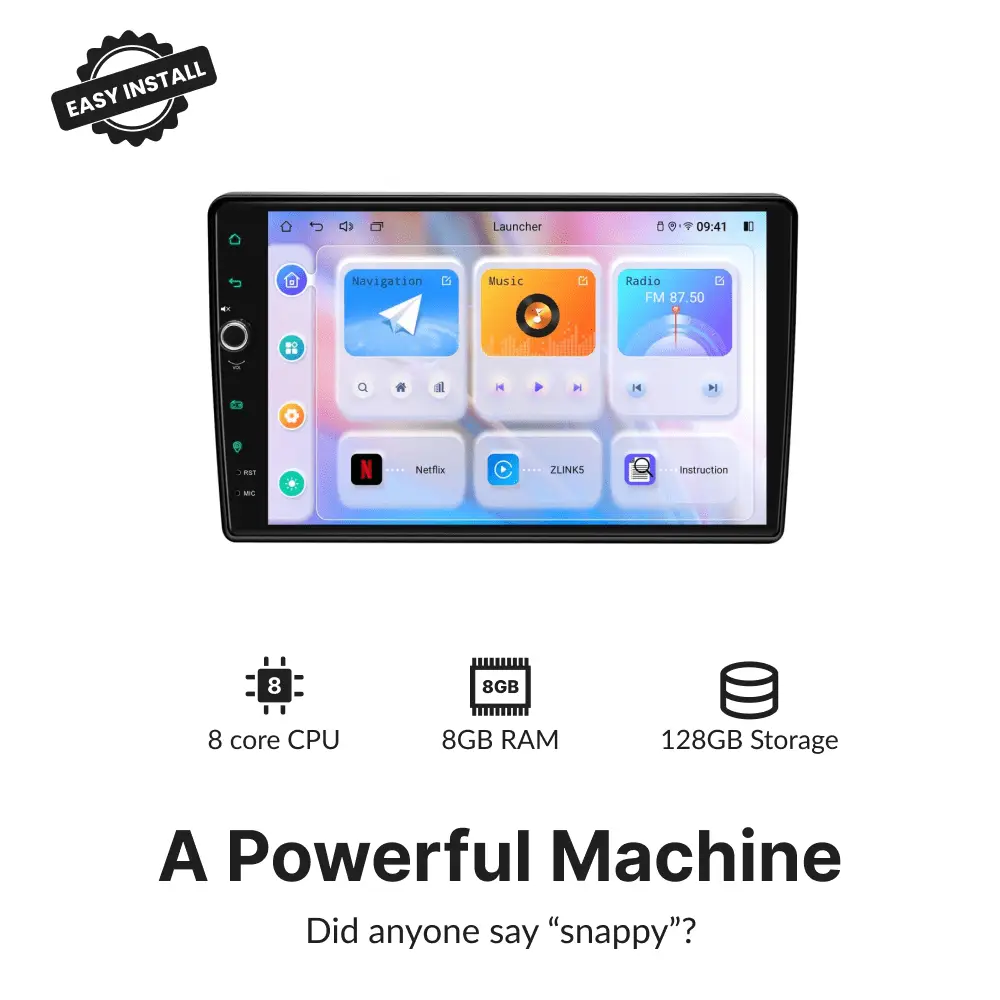 High-performance 10.1" Android Head Unit for Toyota Auris 2006-2012 with 8-core CPU, 8GB RAM, and 128GB storage for fast, responsive use.