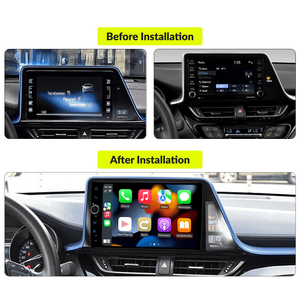 Before and after installation comparison of 9-inch premium Android head unit in Toyota C-HR 2016-2019 with Apple CarPlay interface.