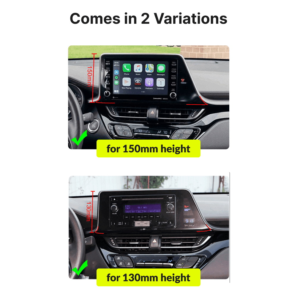Two size variations of 9-inch Android Auto head unit for Toyota C-HR 2016-2019, compatible with 150mm and 130mm dashboard heights.