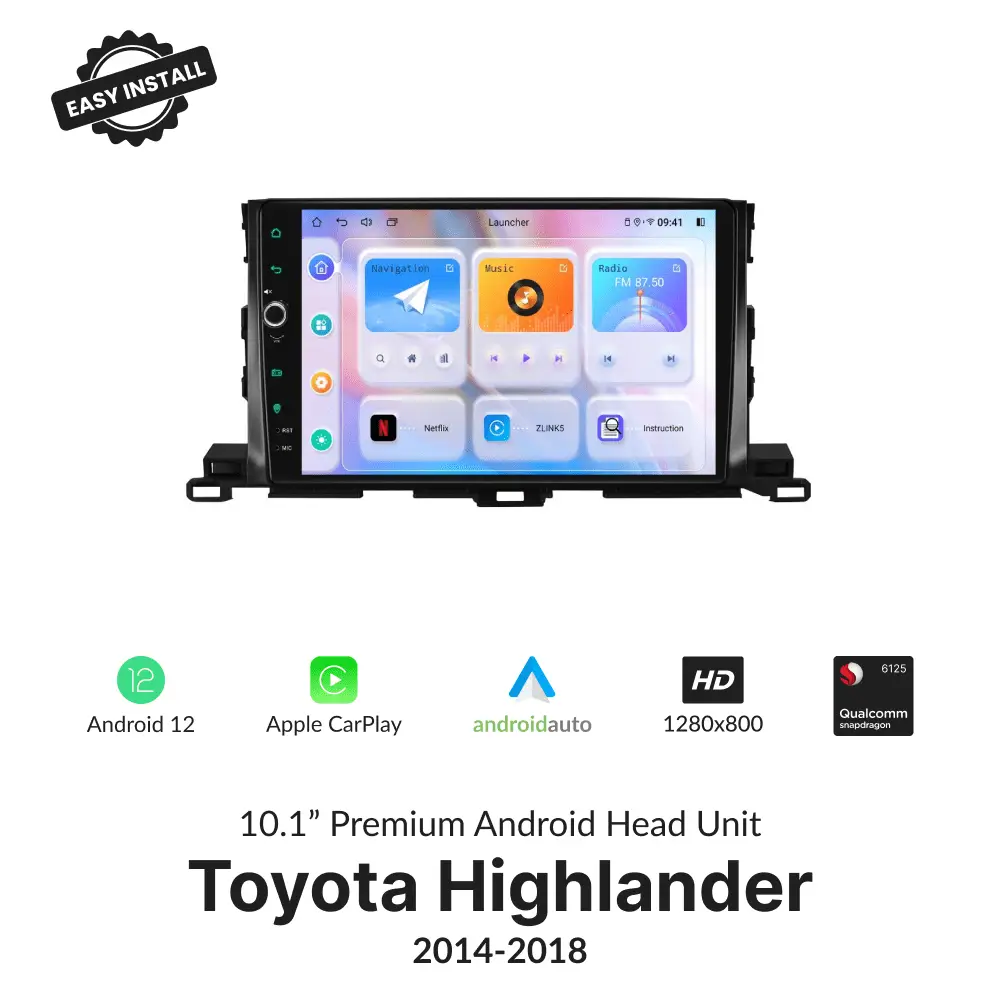 Toyota Highlander 2014-2018 10.1” Wireless CarPlay Android Head Unit with Android 12, HD display, and Qualcomm processor.