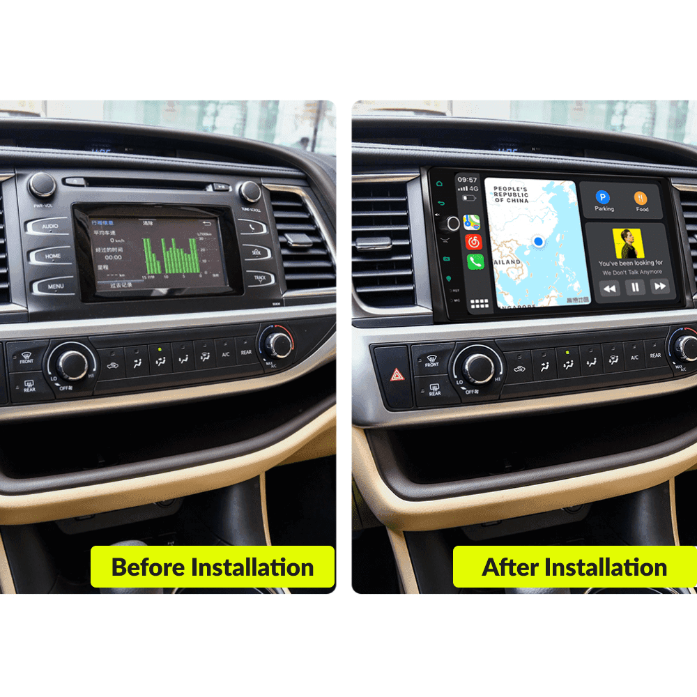 Before and after installation comparison of 10.1” Premium Android Head Unit in Toyota Highlander 2014-2018 dashboard.