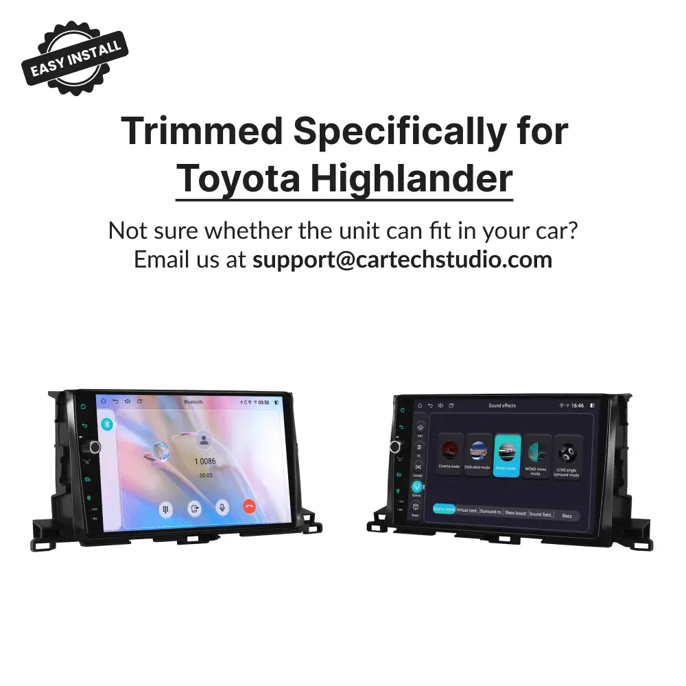 Custom-trimmed 10.1” Android Head Unit designed for Toyota Highlander 2014-2018 with easy install fitment.
