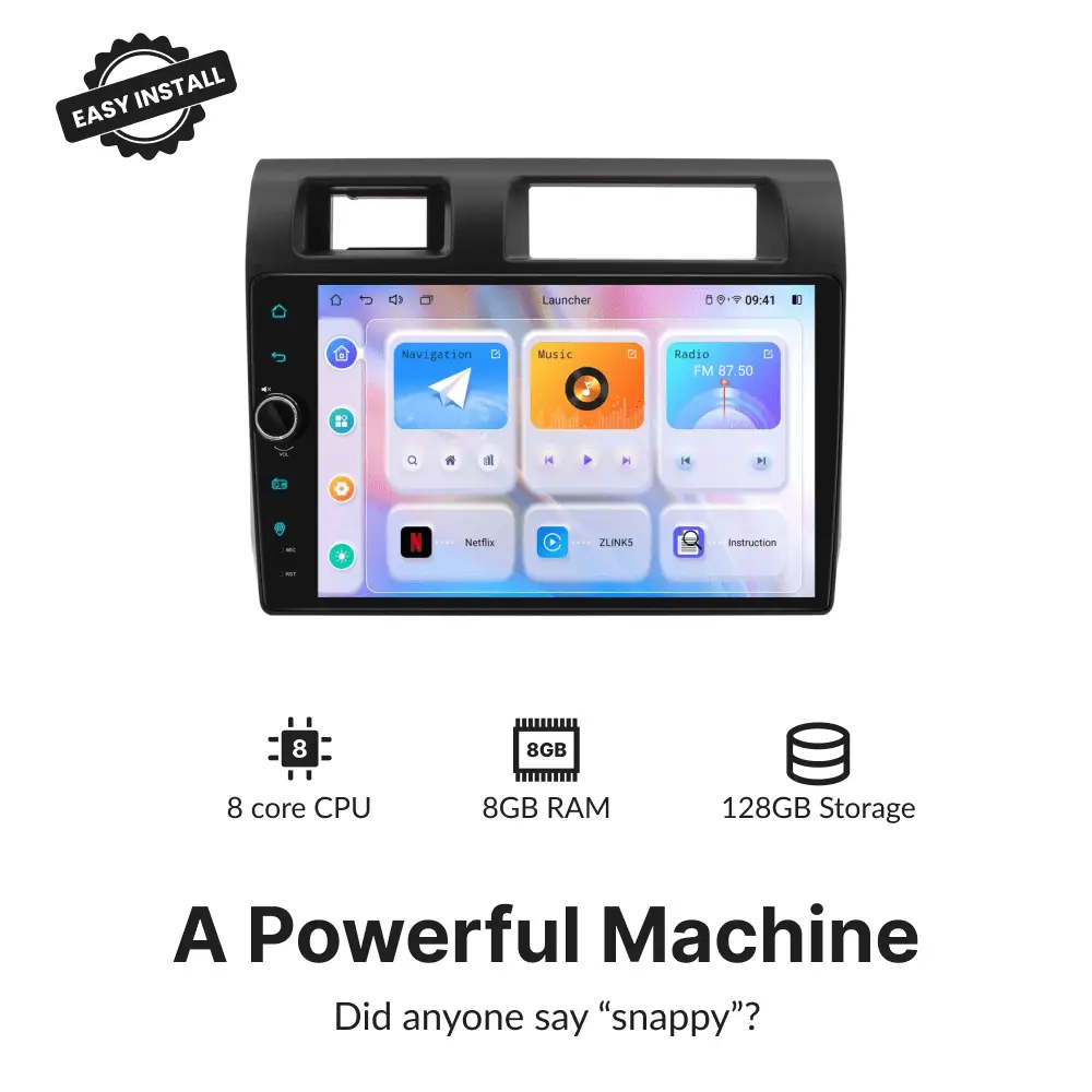 High-performance 9” Android Head Unit for Toyota Land Cruiser 70 76 78 79 with 8-core CPU, 8GB RAM, and 128GB storage capacity.