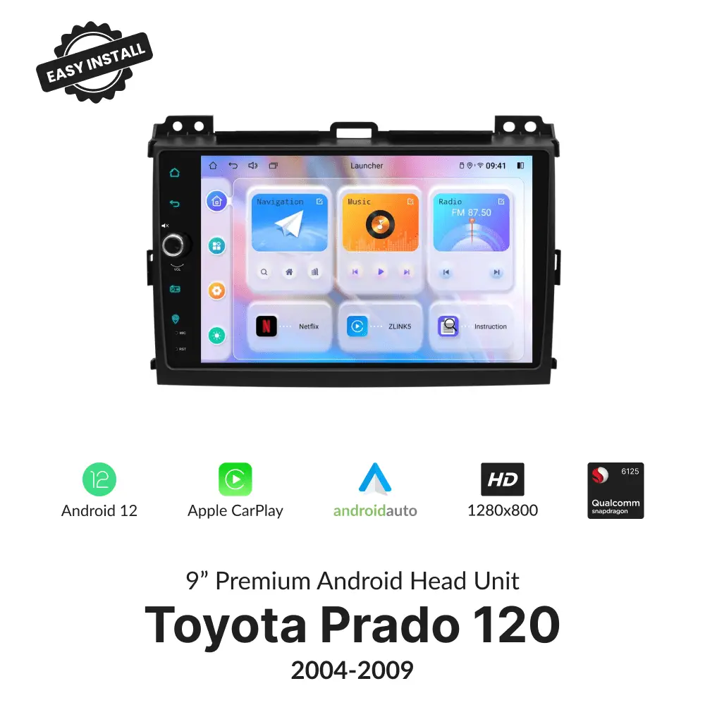Toyota Prado 120 2004-2009 9-inch wireless CarPlay Android head unit with Android 12, HD display, and Qualcomm processor.
