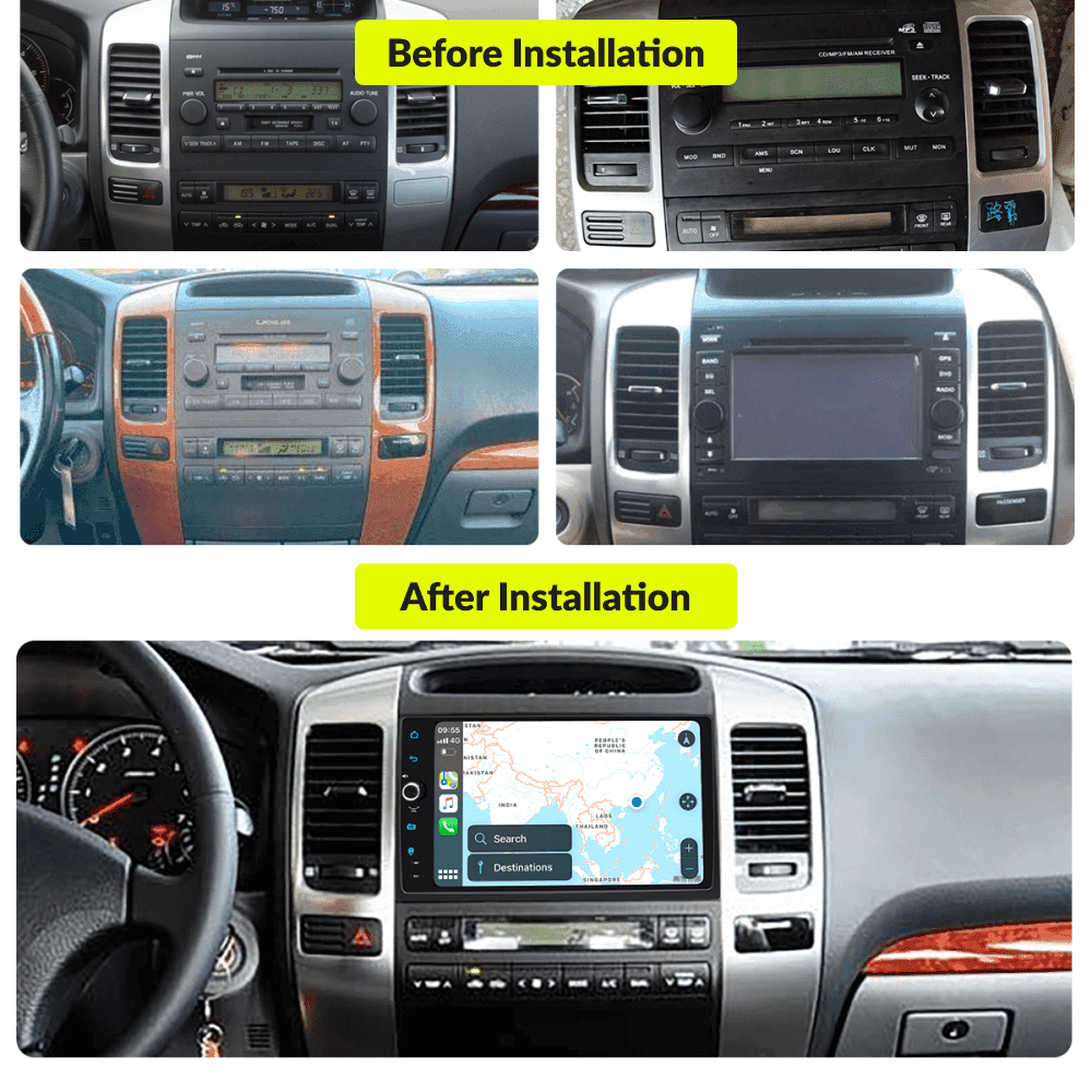 Before and after installation comparison of 9-inch Android Auto head unit in Toyota Prado 120 2004-2009 dashboard upgrade.