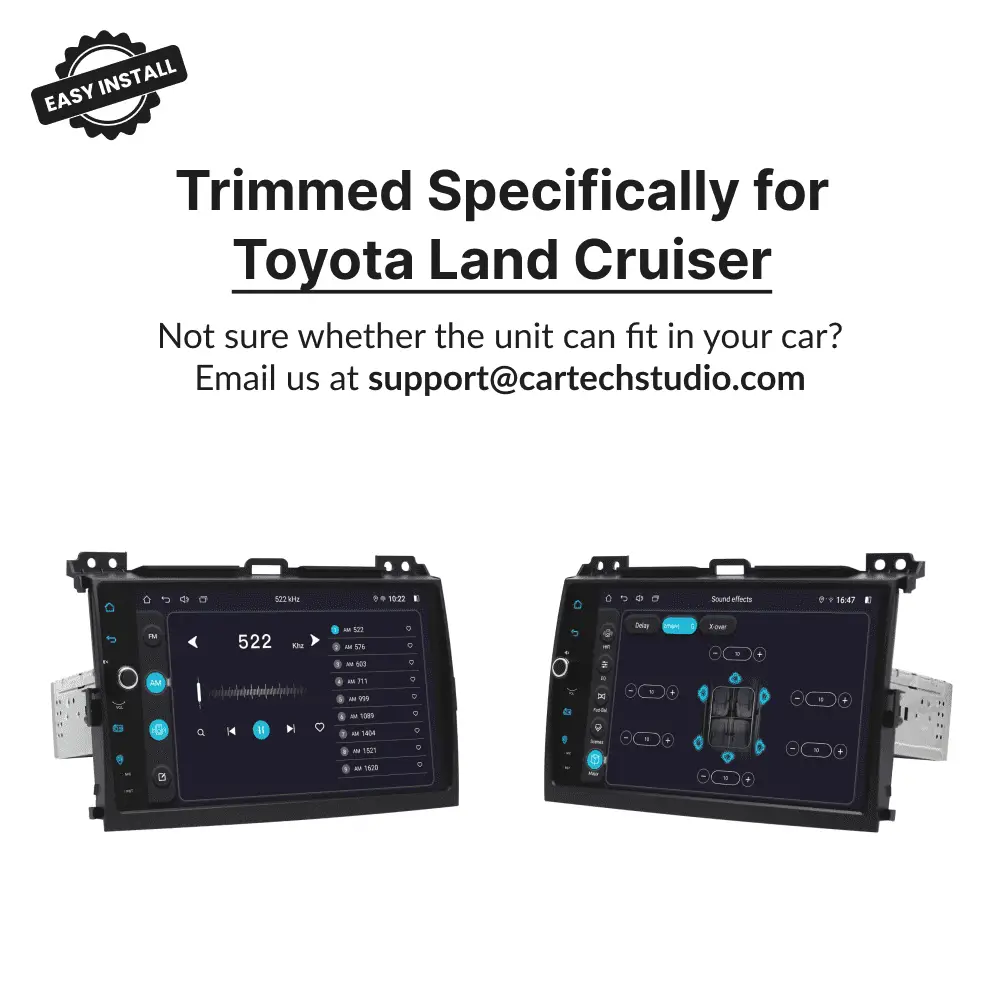Custom-trimmed 9-inch Android head unit for Toyota Land Cruiser Prado 120 2004-2009 with dual screen display.