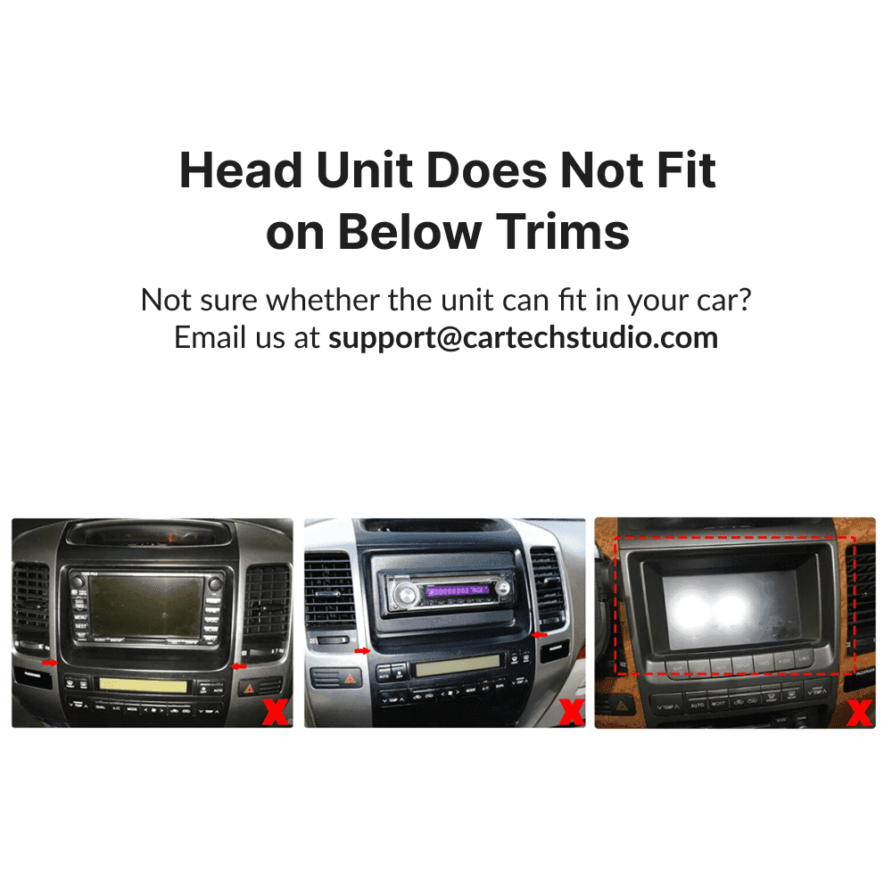 Incompatible trims for Toyota Prado 120 2004-2009 Android head unit installation shown with red X indicators.