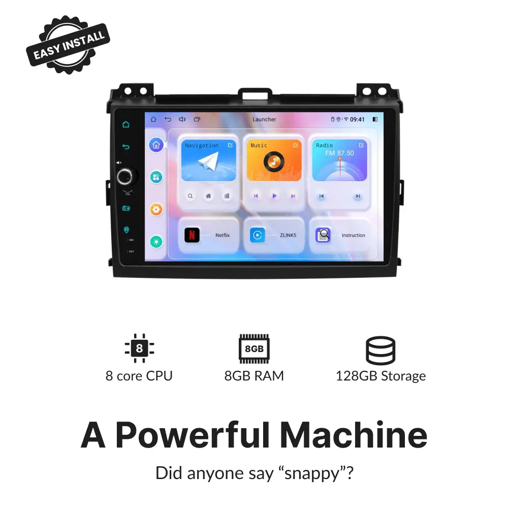 High-performance 9-inch Android head unit for Toyota Prado 120 2004-2009 with 8-core CPU, 8GB RAM, and 128GB storage.