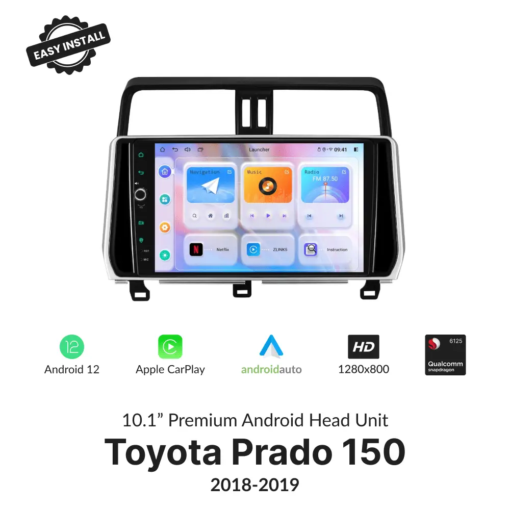 Toyota Prado 150 2018-2019 10.1-inch Android head unit with wireless CarPlay, Android Auto, and HD display, designed for easy installation.