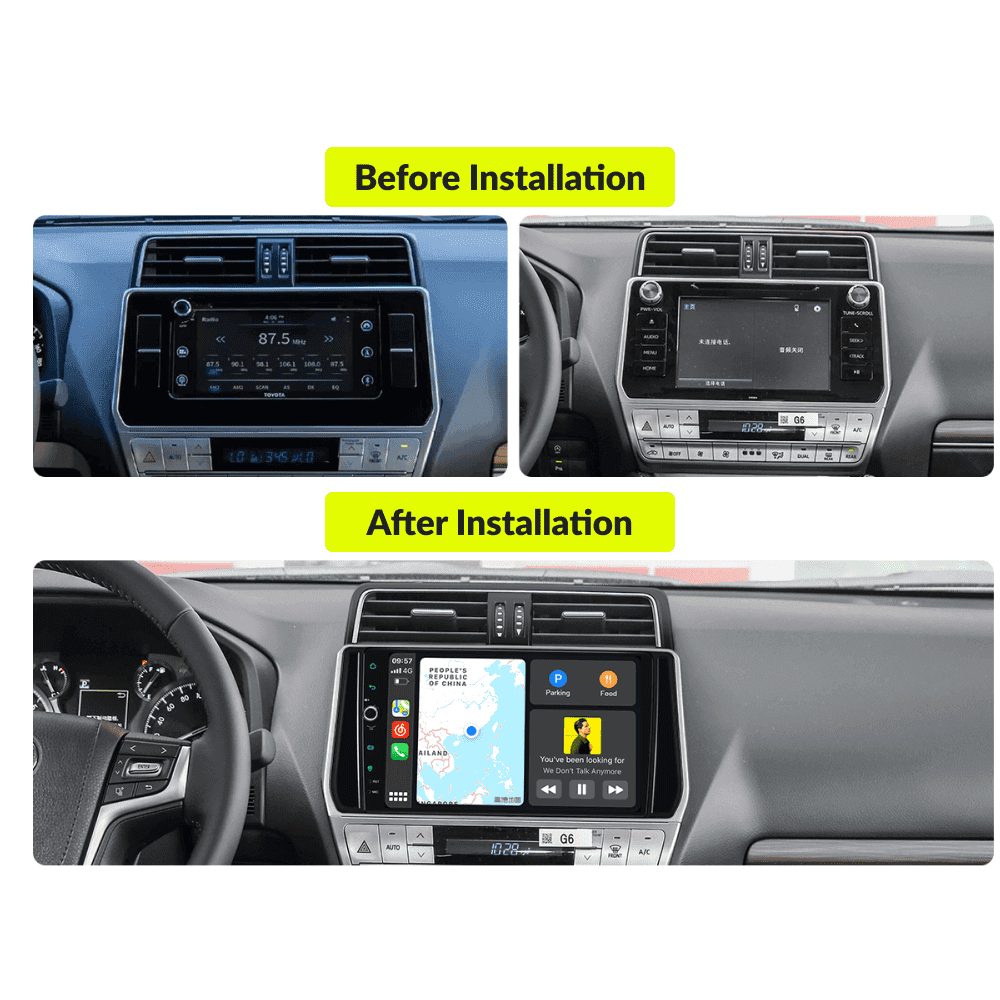 Before and after dashboard comparison showing Toyota Prado 150 upgraded with 10.1-inch wireless CarPlay Android head unit for 2018-2019 models.
