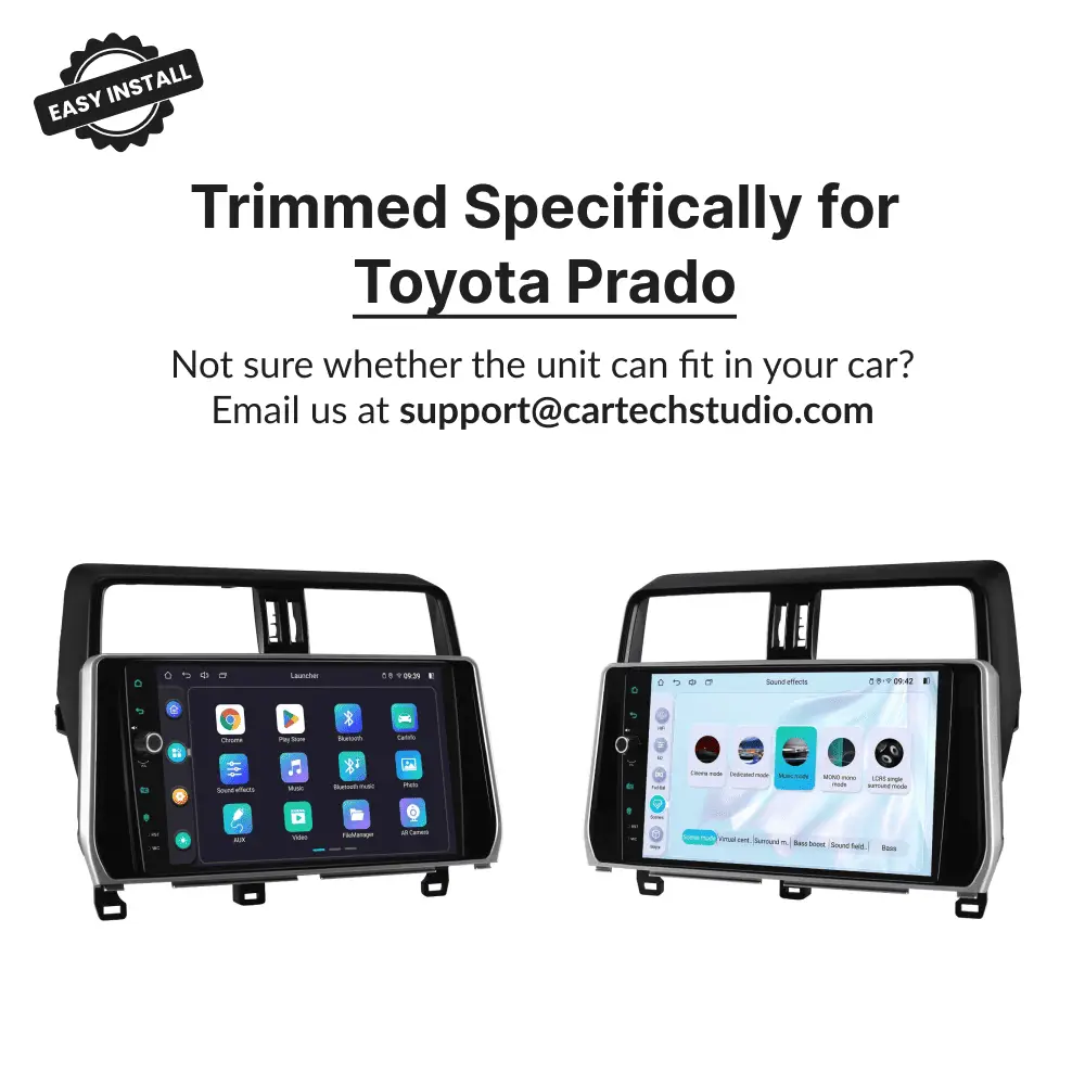 Custom-trimmed 10.1-inch Android head unit for Toyota Prado 150 2018-2019, showcasing dual screen views and easy fitment design.
