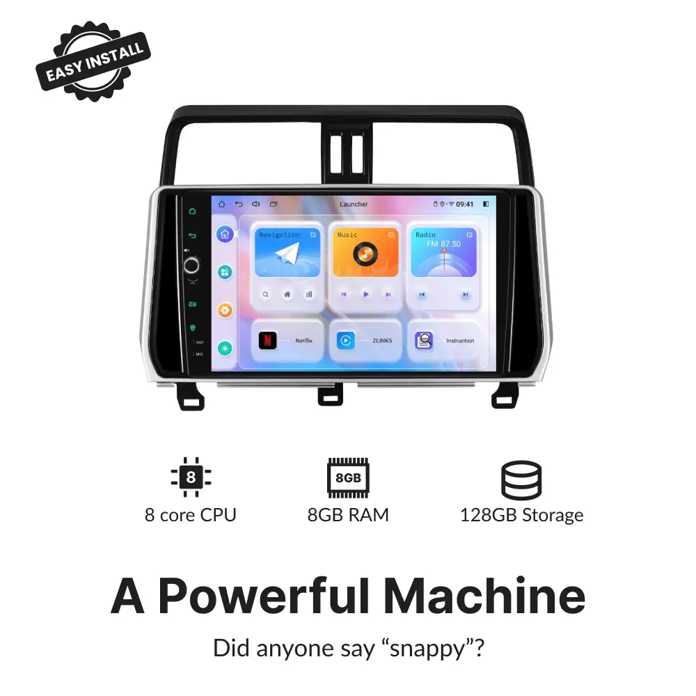 High-performance 10.1-inch Android head unit for Toyota Prado 150 with 8-core CPU, 8GB RAM, and 128GB storage for 2018-2019 models.