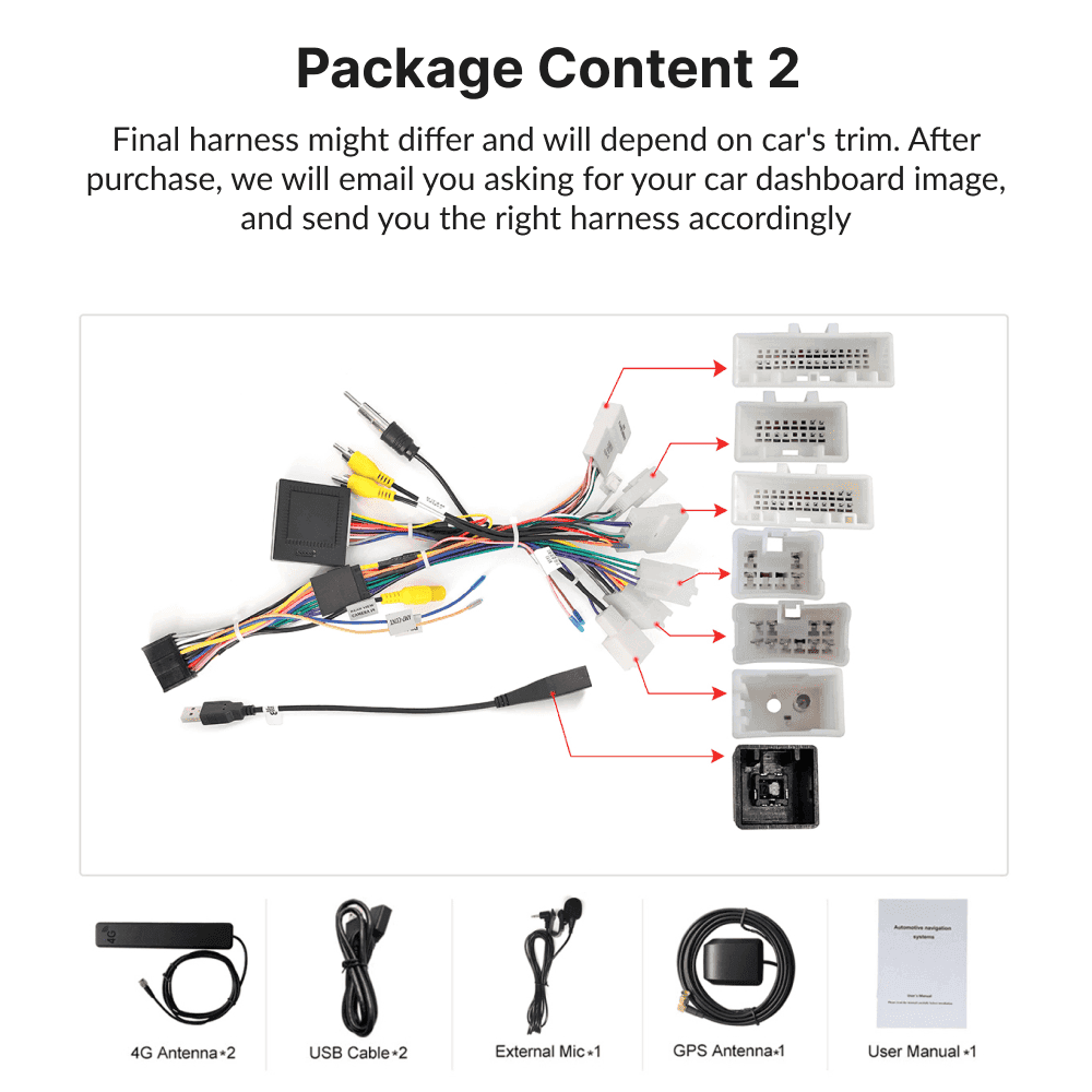 Toyota Prado 150 Android head unit package includes harnesses, GPS antenna, USB cables, mic, and user manual for 2018-2019 models.