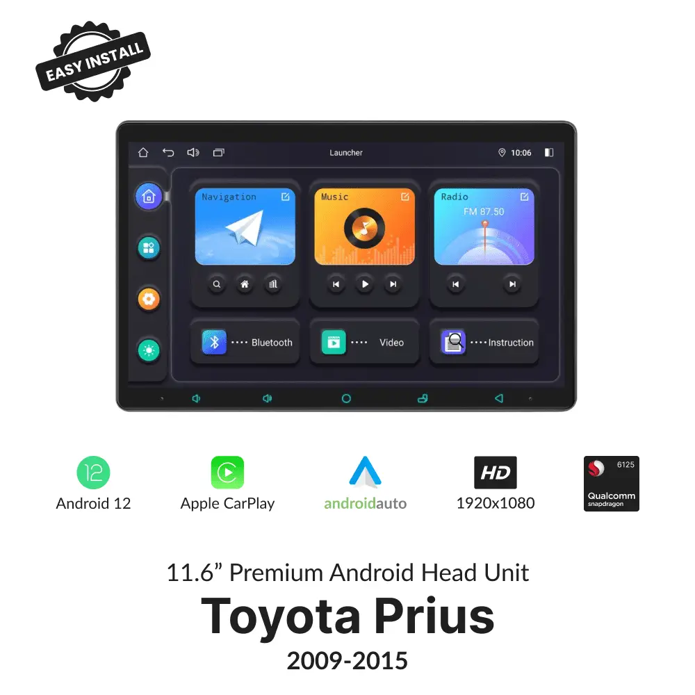 Toyota Prius 2009-2015 11.6" wireless CarPlay Android head unit with Android 12, 1920x1080 display, and Qualcomm processor.