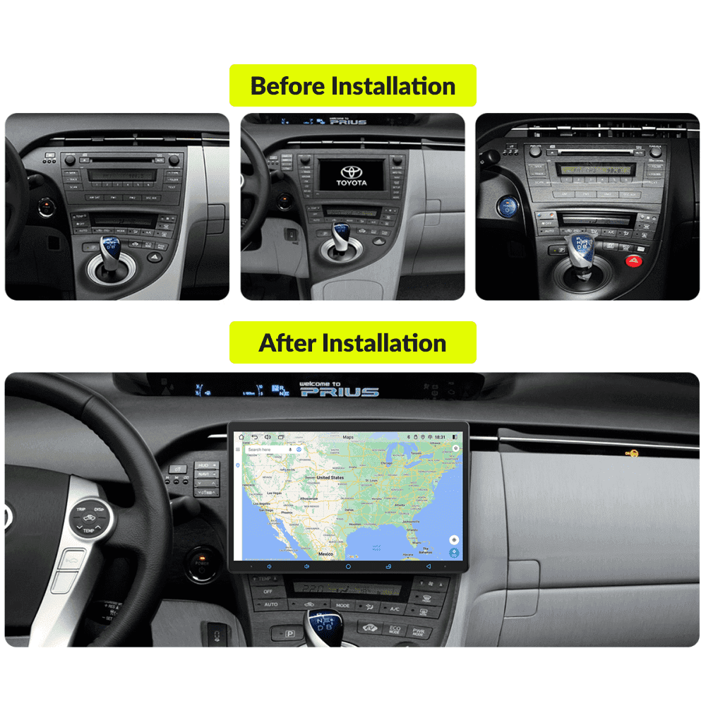 Before and after installation comparison of 11.6" Android Auto head unit in Toyota Prius 2009-2015 dashboard upgrade.