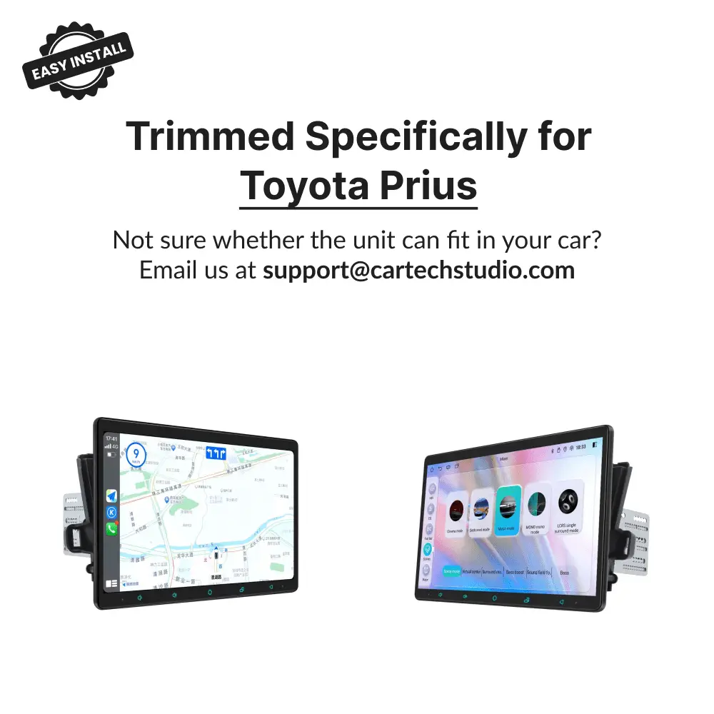Side views of 11.6" premium Android head unit trimmed for Toyota Prius 2009-2015, showing easy install compatibility.