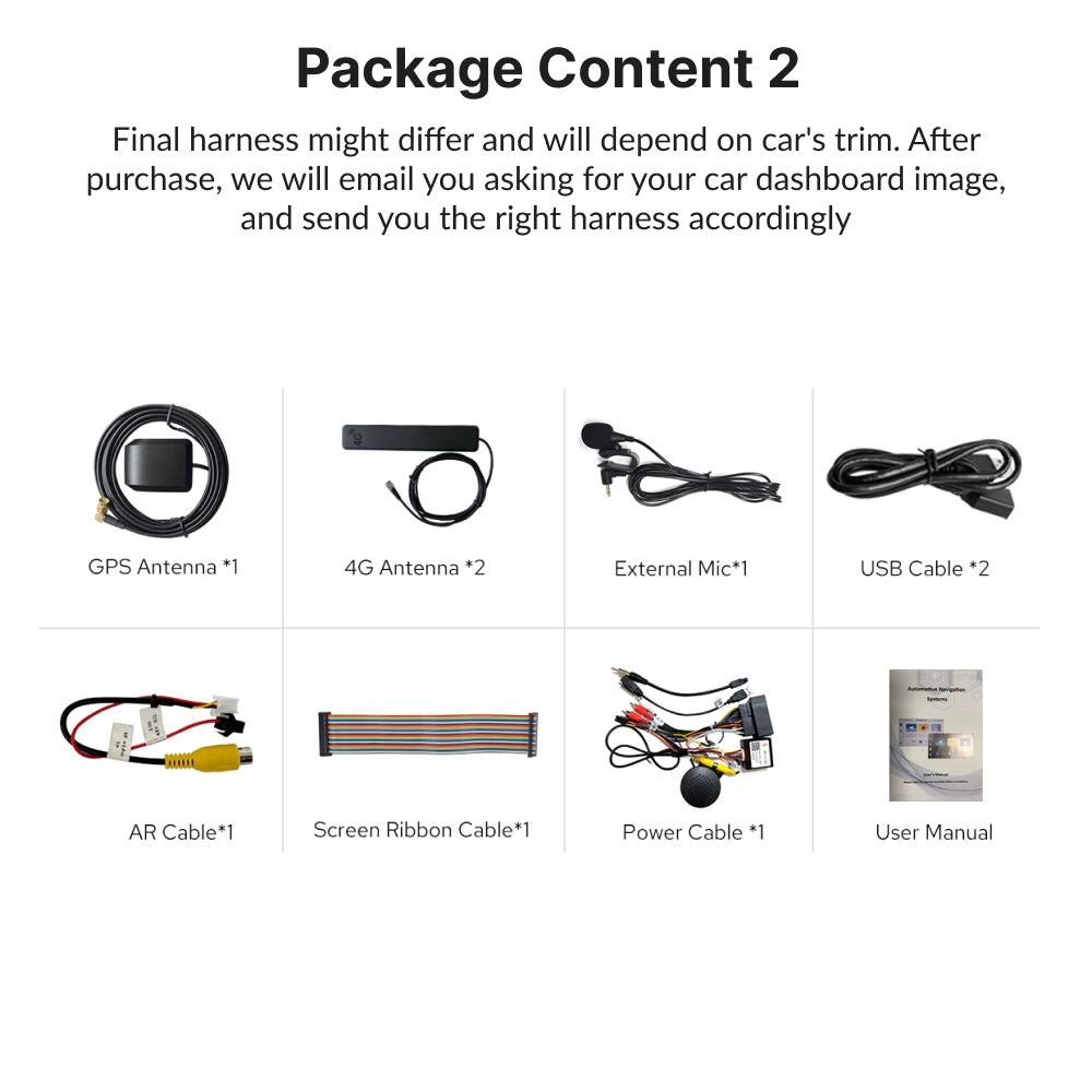 Package contents for Toyota Tundra 2014-2021 9” Android Head Unit including harnesses, antennas, cables, and user manual.