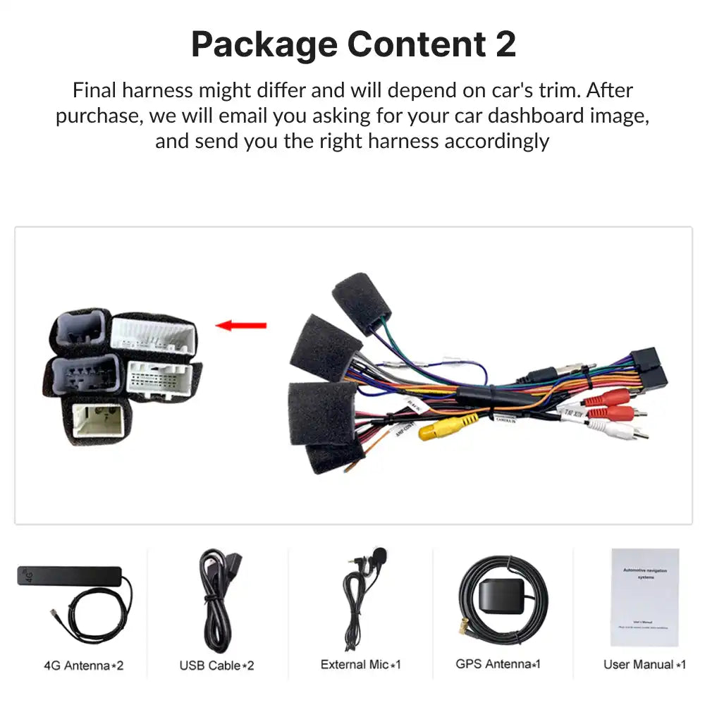 Package contents for Toyota Tundra 2007-2013 10.1” Android Head Unit including harnesses, antennas, cables, and user manual.
