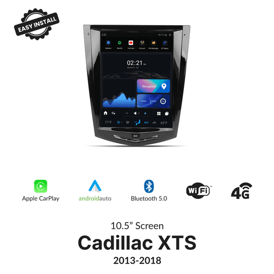 Tesla-Style 10.5-inch Apple CarPlay screen for Cadillac XTS 2013-2018 with Android Auto, Bluetooth 5.0, WiFi, and 4G support.