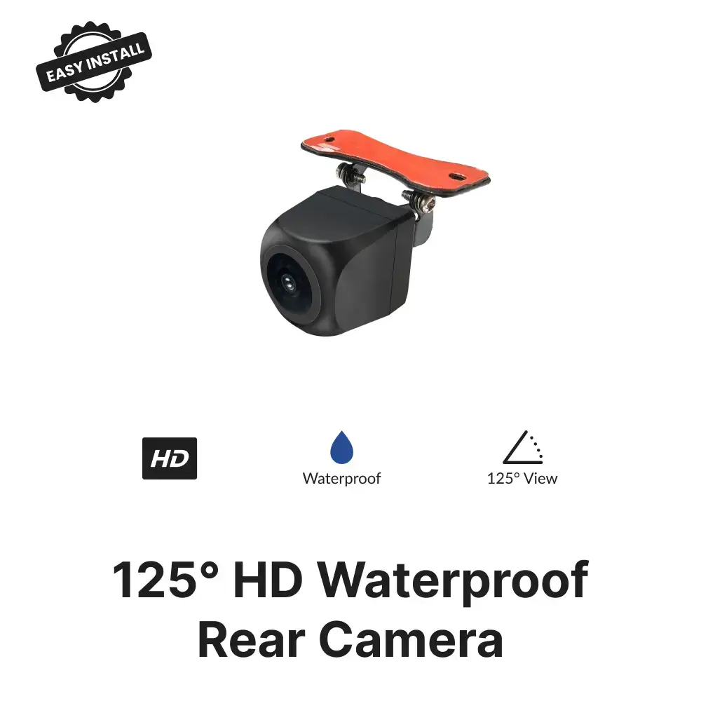 HD waterproof backup camera with 125° wide angle lens and easy install mount, ideal for enhanced rear visibility in vehicles.
