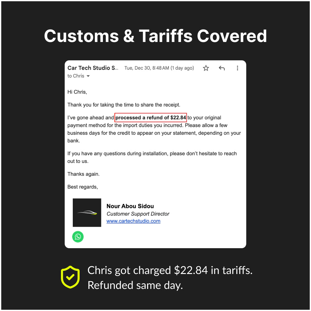 Tariff refund policy for Chrysler Sebring Android head unit showing email confirmation of $22.84 refund for import duties.