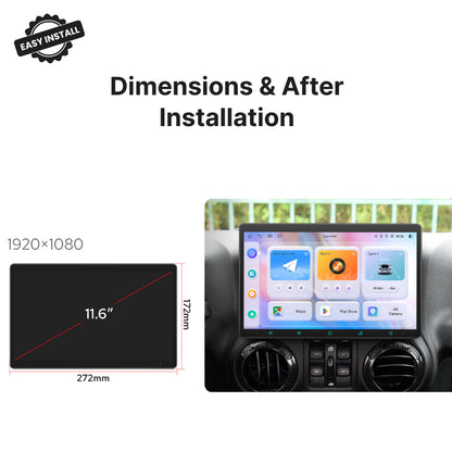 Dimensions and installed view of 11.6” Chrysler Sebring 2007-2010 Android Head Unit with 1920x1080 resolution and easy dashboard fit.