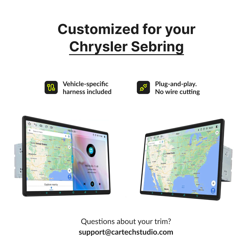 Custom-fit 11.6” Android Head Unit for Chrysler Sebring 2007-2010 with plug-and-play harness and no wire cutting required.