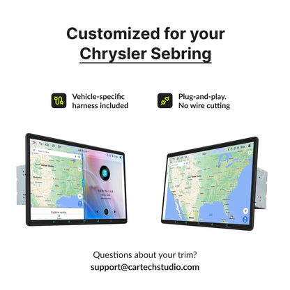 Custom-fit 11.6” Android Head Unit for Chrysler Sebring 2007-2010 with plug-and-play harness and no wire cutting required.
