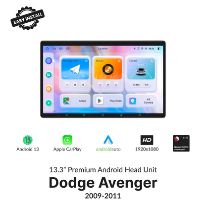 Dodge Avenger 2009-2011 13.3” Wireless CarPlay Android Head Unit with Android 13, 1920x1080 display, and Qualcomm processor.