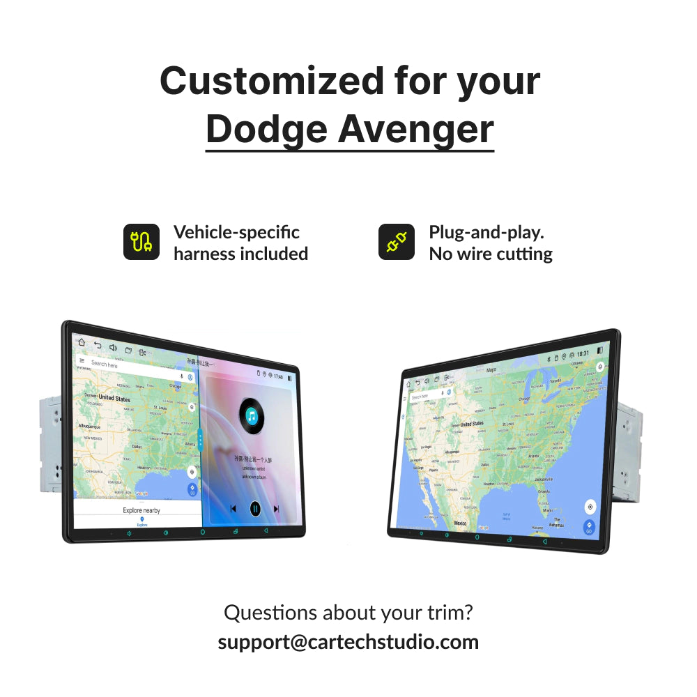 Custom-fit 13.3” Android Head Unit for Dodge Avenger 2009-2011 with plug-and-play harness and no wire cutting required.