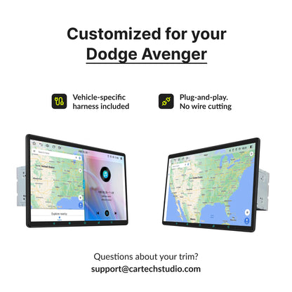 Custom-fit 13.3” Android Head Unit for Dodge Avenger 2009-2011 with plug-and-play harness and no wire cutting required.
