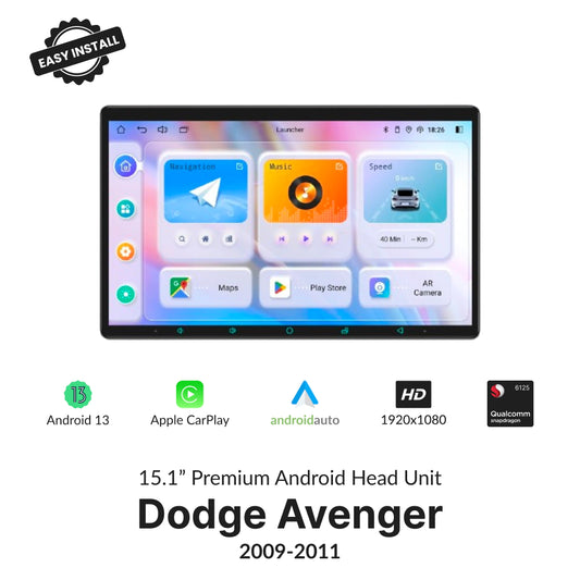 Dodge Avenger 2009-2011 15.1” Premium Android Head Unit with wireless CarPlay, Android Auto, HD display, and Android 13 OS for seamless connectivity.