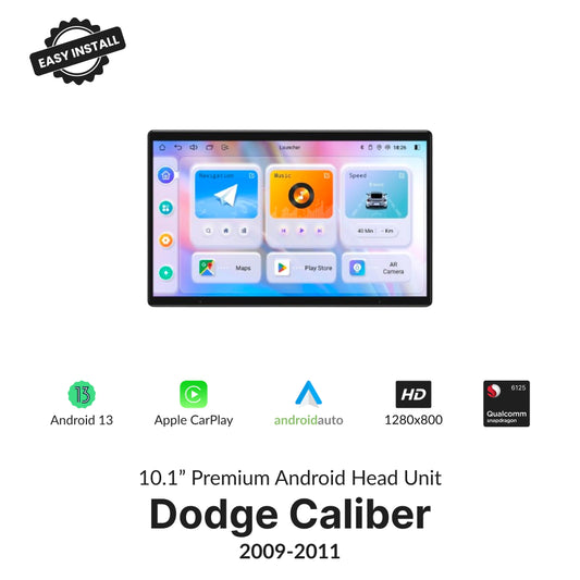 10.1” Wireless CarPlay Android Head Unit for Dodge Caliber 2009-2011 with Android 13, HD display, and Qualcomm processor.