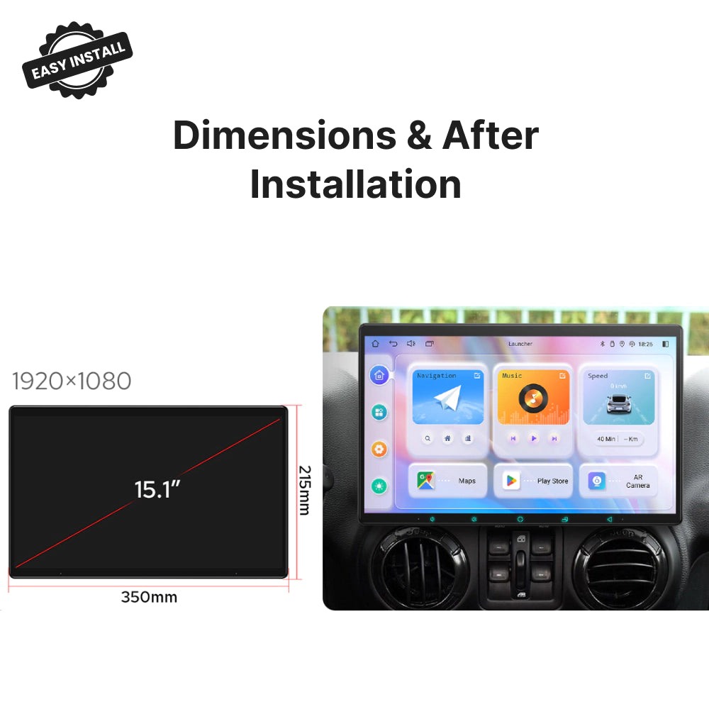 15.1” Android Head Unit installed in Dodge Dakota 2009-2011 dashboard with 1920x1080 resolution and 350mm x 215mm dimensions.