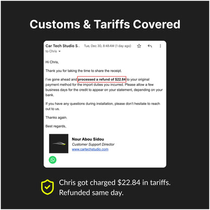 Tariff refund example for Dodge Durango 2009-2011 Android Head Unit showing $22.84 refunded for import duties.