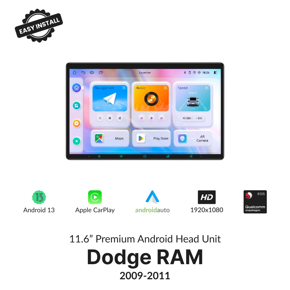 Dodge RAM 2009-2011 11.6” Wireless CarPlay Android Head Unit with Android 13, HD display, and Qualcomm processor for seamless in-car entertainment.